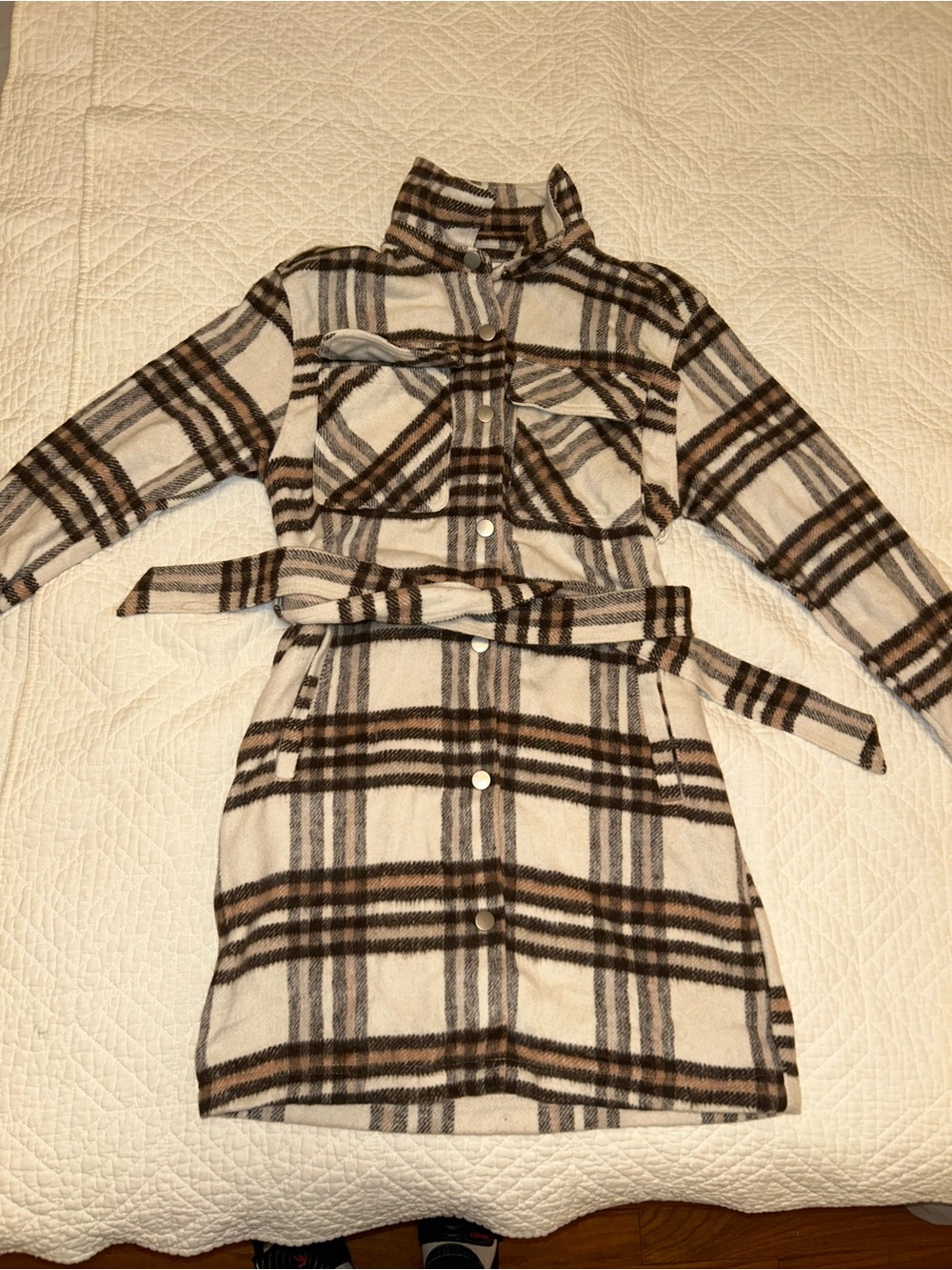 Ci Sono Cream and Brown Plaid Belted Shirt Jacket
